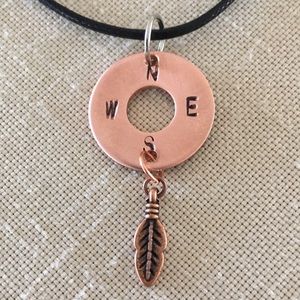 HAND CRAFTED Stamped Copper Compass Feather Pendant Necklace